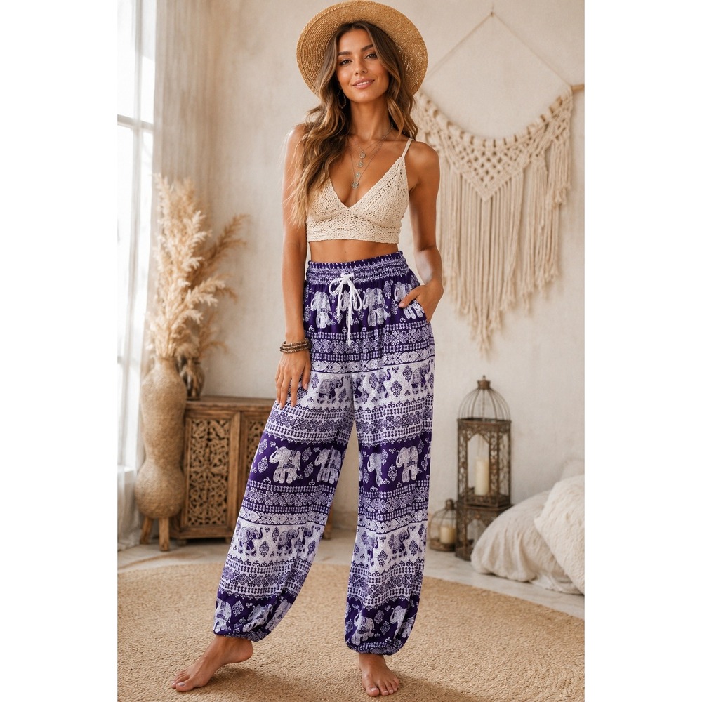 Kathmandu Purple Elephant Print Harem Pants Festival Tribal Boho Yoga Size S/M